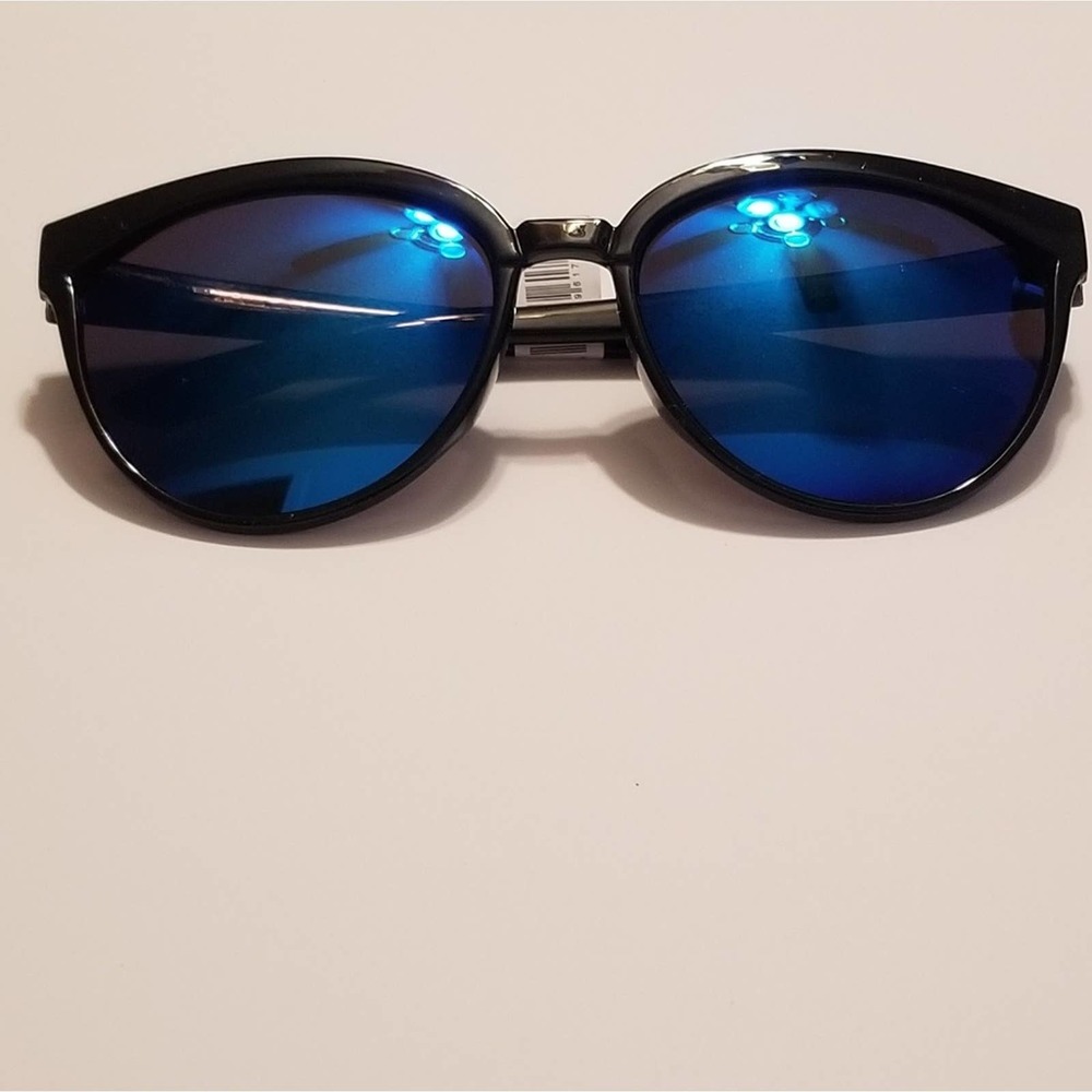 Black sunglasses with blue reflective lenses